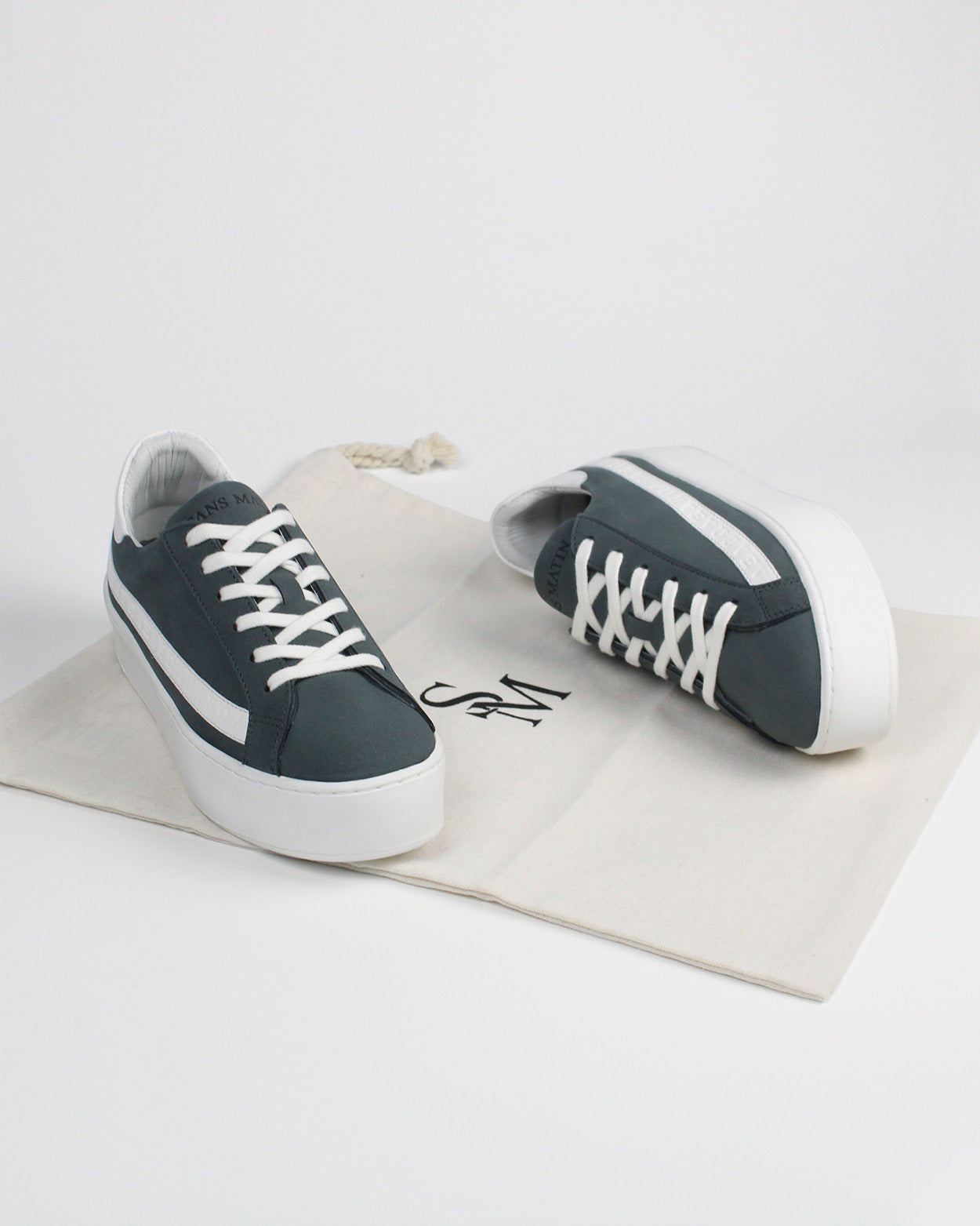 Gaia Platform Trainers - Charcoal Nubuck Leather & White Leather